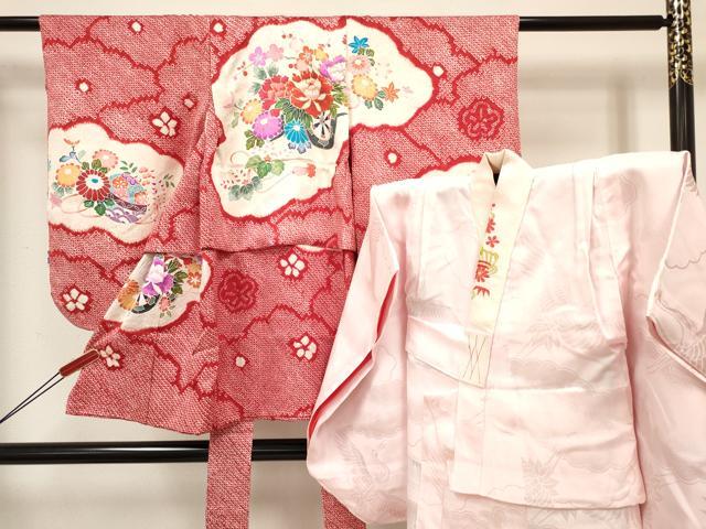 平和屋着物[]七五三　女の子　３歳　祝着　三つ身　長襦袢(袷・半衿刺繍)セット　絞り　檜扇花車文　金彩　逸品　DABA3824ma