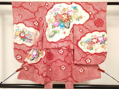 平和屋着物[]七五三　女の子　３歳　祝着　三つ身　長襦袢(袷・半衿刺繍)セット　絞り　檜扇花車文　金彩　逸品　DABA3824ma
