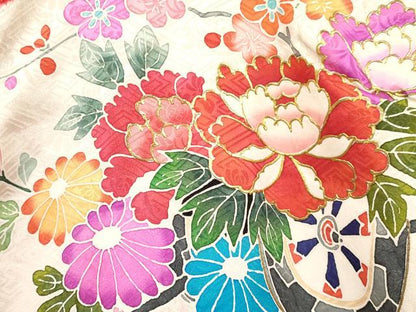 平和屋着物[]七五三　女の子　３歳　祝着　三つ身　長襦袢(袷・半衿刺繍)セット　絞り　檜扇花車文　金彩　逸品　DABA3824ma