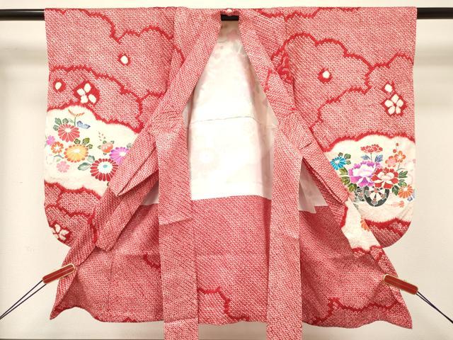 平和屋着物[]七五三　女の子　３歳　祝着　三つ身　長襦袢(袷・半衿刺繍)セット　絞り　檜扇花車文　金彩　逸品　DABA3824ma