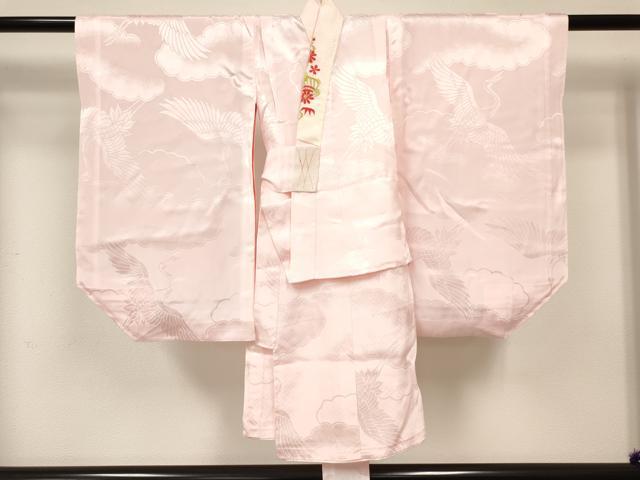 平和屋着物[]七五三　女の子　３歳　祝着　三つ身　長襦袢(袷・半衿刺繍)セット　絞り　檜扇花車文　金彩　逸品　DABA3824ma