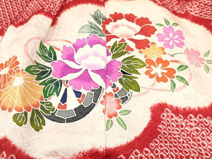平和屋着物[]七五三　女の子　３歳　祝着　三つ身　長襦袢(袷・半衿刺繍)セット　絞り　檜扇花車文　金彩　逸品　DABA3824ma