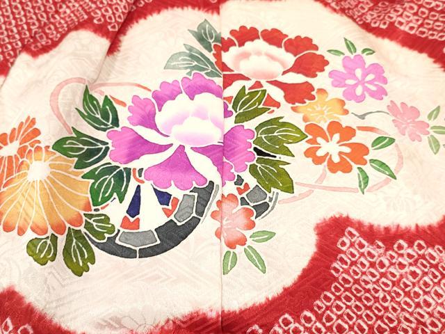 平和屋着物[]七五三　女の子　３歳　祝着　三つ身　長襦袢(袷・半衿刺繍)セット　絞り　檜扇花車文　金彩　逸品　DABA3824ma