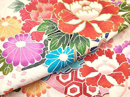平和屋着物[]七五三　女の子　３歳　祝着　三つ身　長襦袢(袷・半衿刺繍)セット　絞り　檜扇花車文　金彩　逸品　DABA3824ma