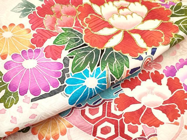 平和屋着物[]七五三　女の子　３歳　祝着　三つ身　長襦袢(袷・半衿刺繍)セット　絞り　檜扇花車文　金彩　逸品　DABA3824ma