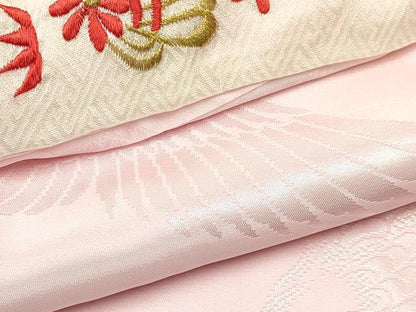 平和屋着物[]七五三　女の子　３歳　祝着　三つ身　長襦袢(袷・半衿刺繍)セット　絞り　檜扇花車文　金彩　逸品　DABA3824ma