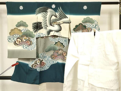 平和屋着物[]七五三 男の子 祝着・長襦袢(袷)セット 鷹 鷲 松取り宝尽くし文 暈し染め 金彩 逸品 DABA3826ma