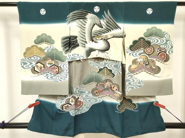 平和屋着物[]七五三　男の子　祝着・長襦袢(袷)セット　鷹　鷲　松取り宝尽くし文　暈し染め　金彩　逸品　DABA3826ma