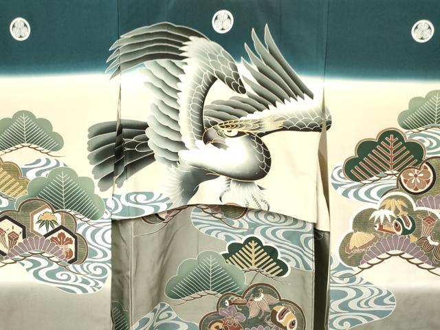 平和屋着物[]七五三　男の子　祝着・長襦袢(袷)セット　鷹　鷲　松取り宝尽くし文　暈し染め　金彩　逸品　DABA3826ma