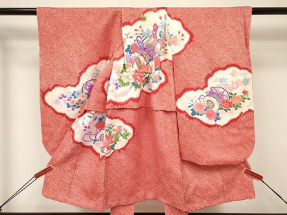 平和屋着物[]七五三　女の子　３歳　祝着　三つ身　長襦袢(袷・半衿刺繍)・被布セット　絞り　雲鼓花蝶文　金銀彩　逸品　DABA3829ma