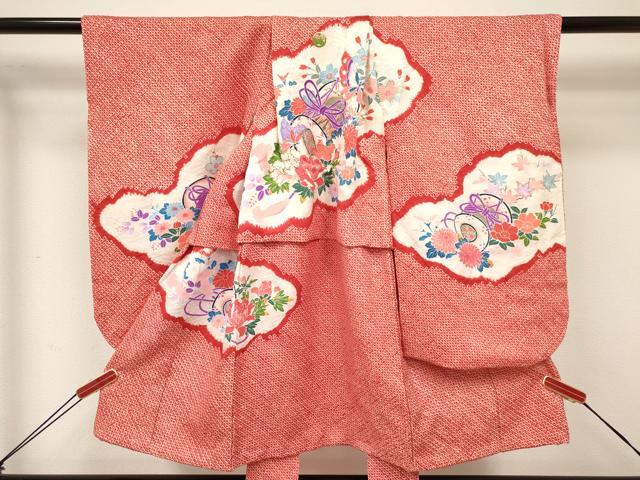 平和屋着物[]七五三　女の子　３歳　祝着　三つ身　長襦袢(袷・半衿刺繍)・被布セット　絞り　雲鼓花蝶文　金銀彩　逸品　DABA3829ma