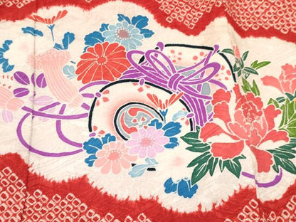 平和屋着物[]七五三　女の子　３歳　祝着　三つ身　長襦袢(袷・半衿刺繍)・被布セット　絞り　雲鼓花蝶文　金銀彩　逸品　DABA3829ma