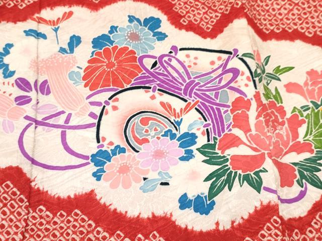 平和屋着物[]七五三　女の子　３歳　祝着　三つ身　長襦袢(袷・半衿刺繍)・被布セット　絞り　雲鼓花蝶文　金銀彩　逸品　DABA3829ma