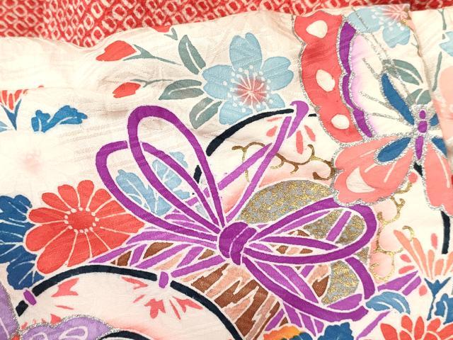 平和屋着物[]七五三　女の子　３歳　祝着　三つ身　長襦袢(袷・半衿刺繍)・被布セット　絞り　雲鼓花蝶文　金銀彩　逸品　DABA3829ma