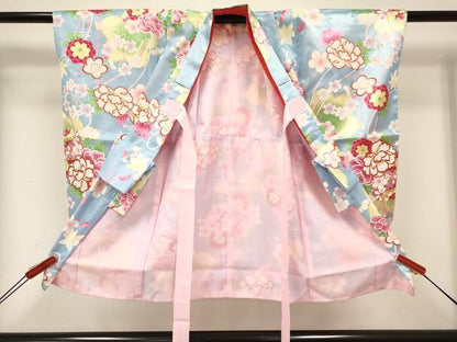 平和屋着物[]七五三　女の子　３歳　祝着　三つ身　長襦袢(単衣)・被布・巾着セット　牡丹花文　暈し染め　金彩　洗える着物　DABA3831ma