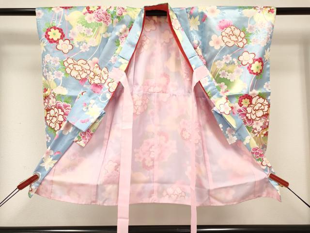 平和屋着物[]七五三　女の子　３歳　祝着　三つ身　長襦袢(単衣)・被布・巾着セット　牡丹花文　暈し染め　金彩　洗える着物　DABA3831ma