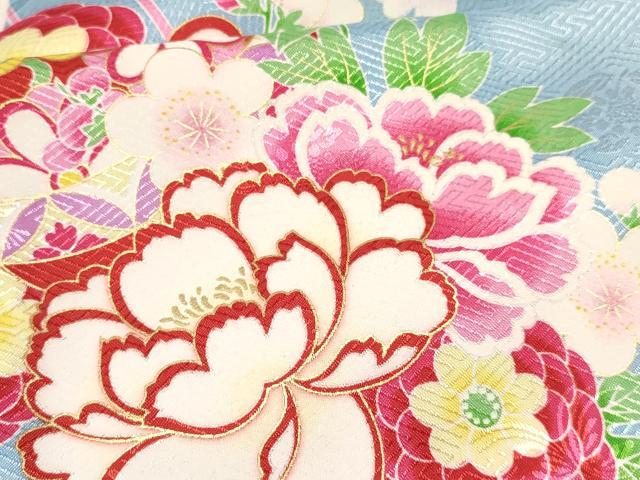 平和屋着物[]七五三　女の子　３歳　祝着　三つ身　長襦袢(単衣)・被布・巾着セット　牡丹花文　暈し染め　金彩　洗える着物　DABA3831ma