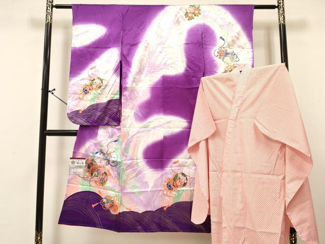 平和屋着物[]七五三　女の子　７歳　祝着　四つ身　長襦袢(単衣)セット　駒刺繍　立波鼓御所車花文　暈し染め　金彩　DABA3838ma