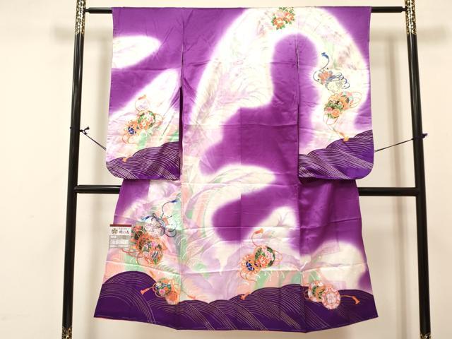 平和屋着物[]七五三　女の子　７歳　祝着　四つ身　長襦袢(単衣)セット　駒刺繍　立波鼓御所車花文　暈し染め　金彩　DABA3838ma