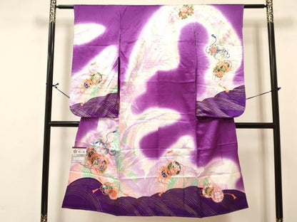 平和屋着物[]七五三 女の子 ７歳 祝着 四つ身 長襦袢(単衣)セット 駒刺繍 立波鼓御所車花文 暈し染め 金彩 DABA3838ma