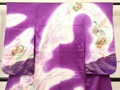 平和屋着物[]七五三　女の子　７歳　祝着　四つ身　長襦袢(単衣)セット　駒刺繍　立波鼓御所車花文　暈し染め　金彩　DABA3838ma