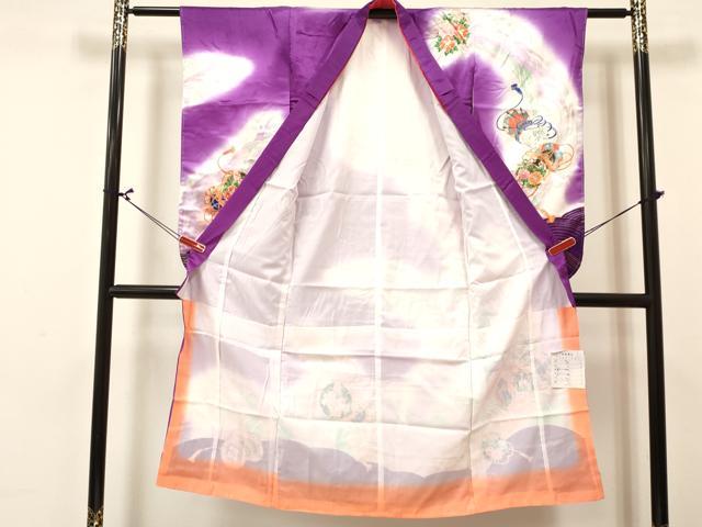 平和屋着物[]七五三 女の子 ７歳 祝着 四つ身 長襦袢(単衣)セット 駒刺繍 立波鼓御所車花文 暈し染め 金彩 DABA3838ma