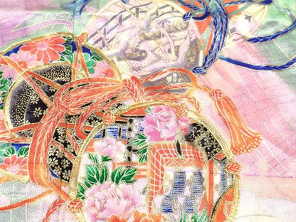平和屋着物[]七五三　女の子　７歳　祝着　四つ身　長襦袢(単衣)セット　駒刺繍　立波鼓御所車花文　暈し染め　金彩　DABA3838ma