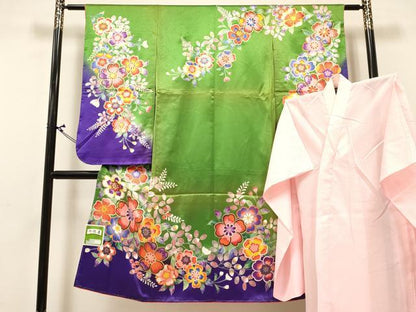 平和屋着物[]七五三　女の子　７歳　祝着　四つ身　長襦袢(単衣)セット　草花文　暈し染め　金彩　未使用　DABA3842ma