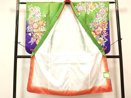 平和屋着物[]七五三 女の子 ７歳 祝着 四つ身 長襦袢(単衣)セット 草花文 暈し染め 金彩 未使用 DABA3842ma