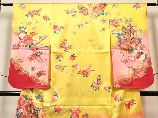 平和屋着物[]七五三　女の子　７歳　祝着　四つ身　長襦袢(単衣)セット　御所車花文　暈し染め　金彩　未使用　DABA3843ma