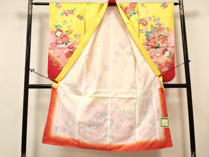平和屋着物[]七五三　女の子　７歳　祝着　四つ身　長襦袢(単衣)セット　御所車花文　暈し染め　金彩　未使用　DABA3843ma