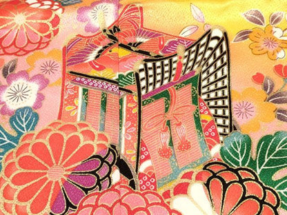 平和屋着物[]七五三　女の子　７歳　祝着　四つ身　長襦袢(単衣)セット　御所車花文　暈し染め　金彩　未使用　DABA3843ma