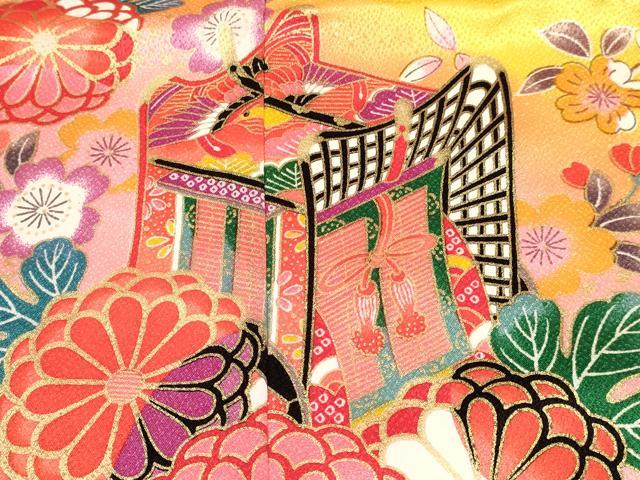 平和屋着物[]七五三　女の子　７歳　祝着　四つ身　長襦袢(単衣)セット　御所車花文　暈し染め　金彩　未使用　DABA3843ma