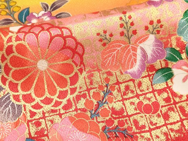平和屋着物[]七五三　女の子　７歳　祝着　四つ身　長襦袢(単衣)セット　御所車花文　暈し染め　金彩　未使用　DABA3843ma