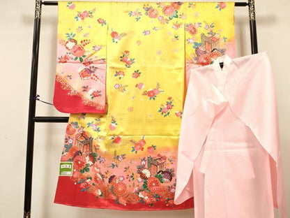 平和屋着物[]七五三　女の子　７歳　祝着　四つ身　長襦袢(単衣)セット　御所車花文　暈し染め　金彩　未使用　DABA3843ma