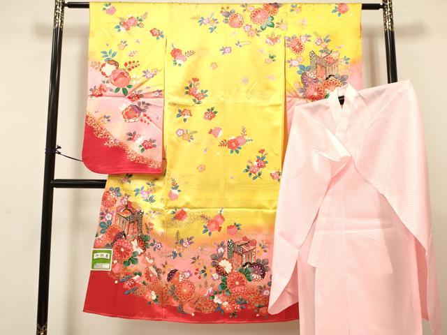 平和屋着物[]七五三　女の子　７歳　祝着　四つ身　長襦袢(単衣)セット　御所車花文　暈し染め　金彩　未使用　DABA3843ma