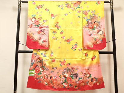 平和屋着物[]七五三　女の子　７歳　祝着　四つ身　長襦袢(単衣)セット　御所車花文　暈し染め　金彩　未使用　DABA3843ma