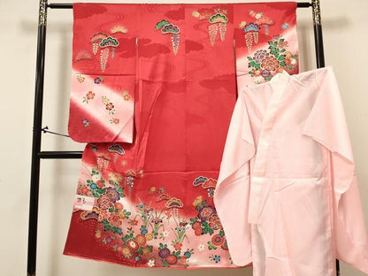 平和屋着物[]七五三　女の子　７歳　祝着　四つ身　長襦袢(単衣)セット　草花文　暈し染め　金彩　逸品　未使用　DABA3844ma