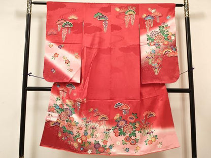 平和屋着物[]七五三　女の子　７歳　祝着　四つ身　長襦袢(単衣)セット　草花文　暈し染め　金彩　逸品　未使用　DABA3844ma