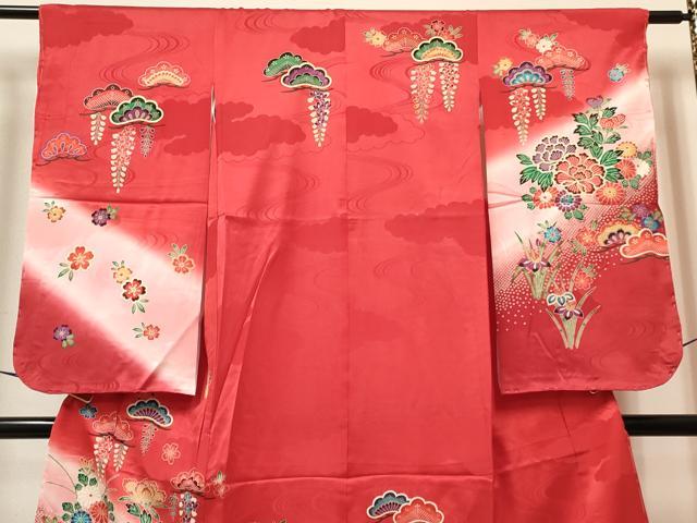 平和屋着物[]七五三　女の子　７歳　祝着　四つ身　長襦袢(単衣)セット　草花文　暈し染め　金彩　逸品　未使用　DABA3844ma