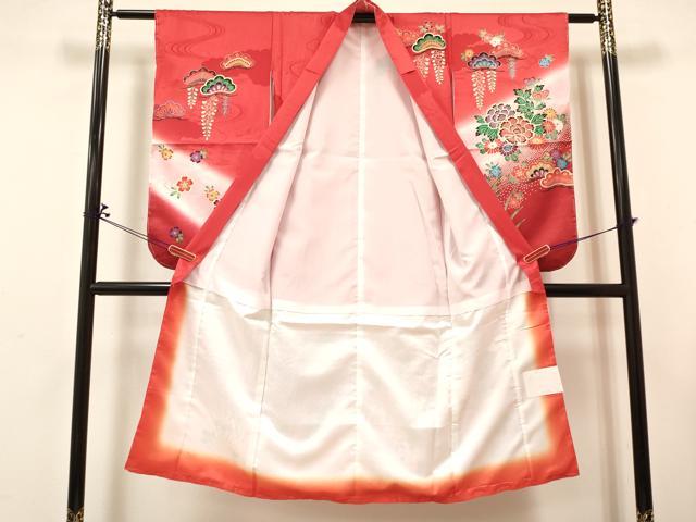 平和屋着物[]七五三　女の子　７歳　祝着　四つ身　長襦袢(単衣)セット　草花文　暈し染め　金彩　逸品　未使用　DABA3844ma