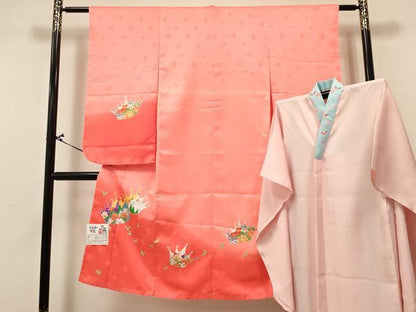 平和屋着物[]七五三　女の子　７歳　祝着　四つ身　長襦袢(単衣)セット　人物風景花文　暈し染め　金彩　洗える着物　未使用　DABA3845ma