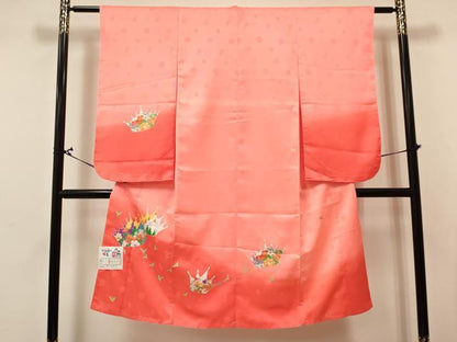 平和屋着物[]七五三　女の子　７歳　祝着　四つ身　長襦袢(単衣)セット　人物風景花文　暈し染め　金彩　洗える着物　未使用　DABA3845ma