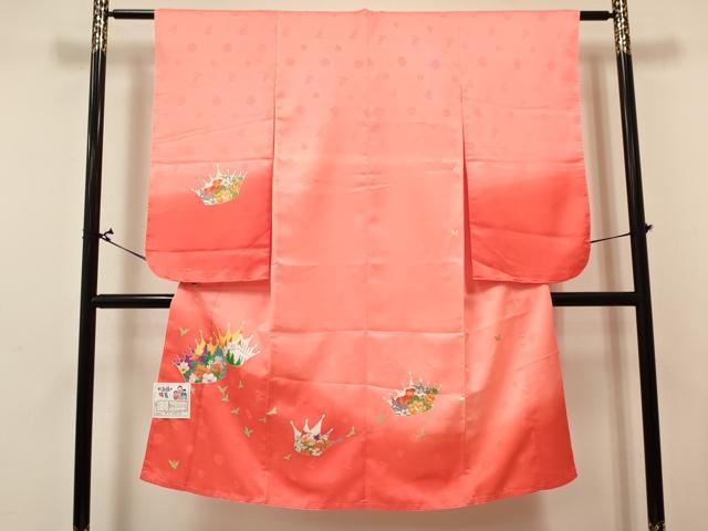 平和屋着物[]七五三　女の子　７歳　祝着　四つ身　長襦袢(単衣)セット　人物風景花文　暈し染め　金彩　洗える着物　未使用　DABA3845ma