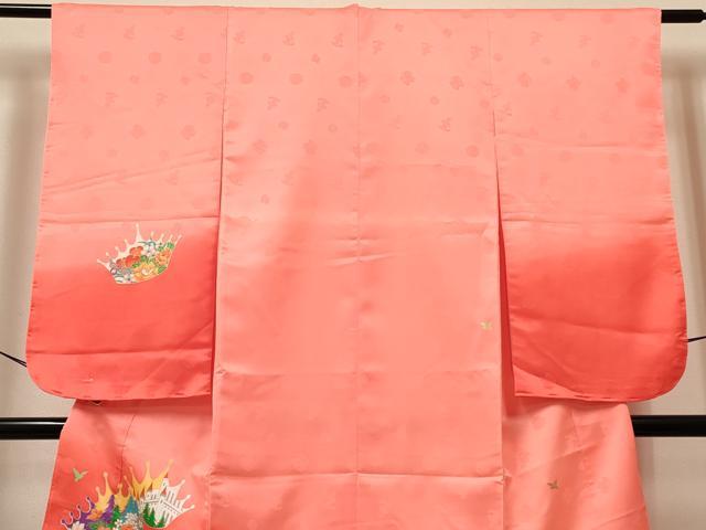 平和屋着物[]七五三　女の子　７歳　祝着　四つ身　長襦袢(単衣)セット　人物風景花文　暈し染め　金彩　洗える着物　未使用　DABA3845ma