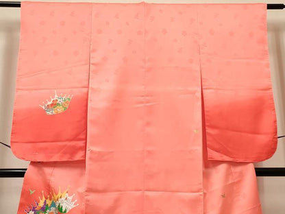 平和屋着物[]七五三 女の子 ７歳 祝着 四つ身 長襦袢(単衣)セット 人物風景花文 暈し染め 金彩 洗える着物 未使用 DABA3845ma