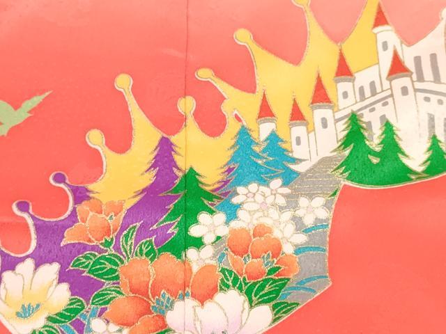 平和屋着物[]七五三　女の子　７歳　祝着　四つ身　長襦袢(単衣)セット　人物風景花文　暈し染め　金彩　洗える着物　未使用　DABA3845ma