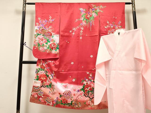 平和屋着物[]七五三　女の子　７歳　祝着　四つ身　長襦袢(単衣)セット　鴛鴦　御所車鞠花文　暈し染め　金彩　未使用　DABA3846ma
