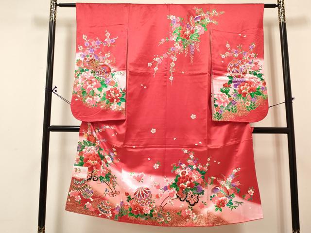 平和屋着物[]七五三　女の子　７歳　祝着　四つ身　長襦袢(単衣)セット　鴛鴦　御所車鞠花文　暈し染め　金彩　未使用　DABA3846ma