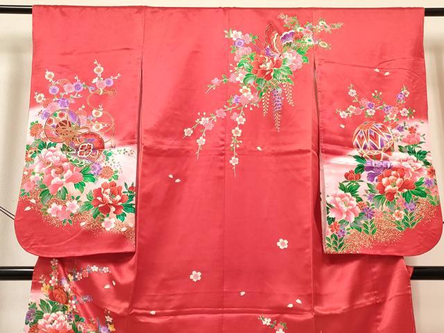 平和屋着物[]七五三　女の子　７歳　祝着　四つ身　長襦袢(単衣)セット　鴛鴦　御所車鞠花文　暈し染め　金彩　未使用　DABA3846ma